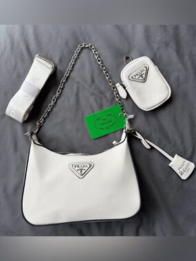Prada White Saffiano Leather Crossbody Bag with Shoulders Chain & Pouch NWT